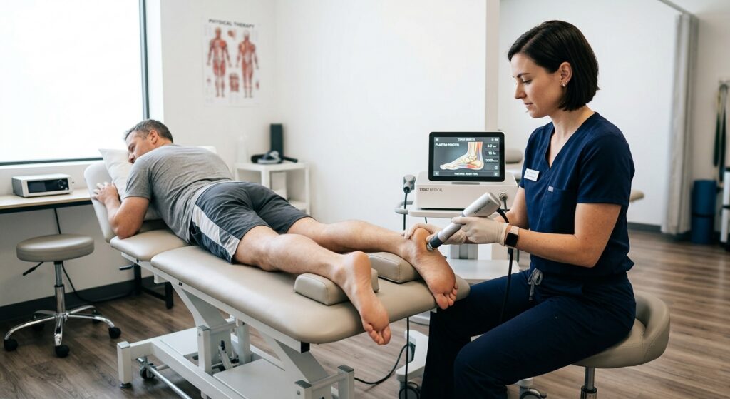 Medizinische Fachkraft behandelt die Ferse eines Patienten mit einem Stoßwellentherapiegerät