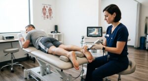 Medizinische Fachkraft behandelt die Ferse eines Patienten mit einem Stoßwellentherapiegerät